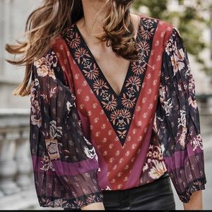 NWT: Long-Sleeve Mixed-Print Blouse